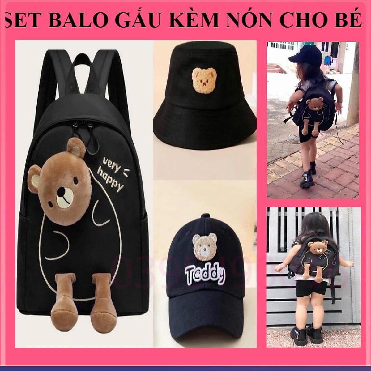 Set Balo cho bé trai - gái mầm non kèm nón mũ , ba lô trẻ em mẫu giáo hình gấu Teddy siêu nhẹ chống nước ngộ nghĩnh. - Balo + mũ lưỡi chai