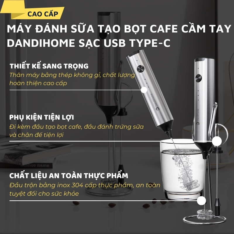 Máy đánh bọt cafe cầm tay DandiHome có giá treo, sạc điện, 10w, hàng chính hãng bảo hành 12 tháng