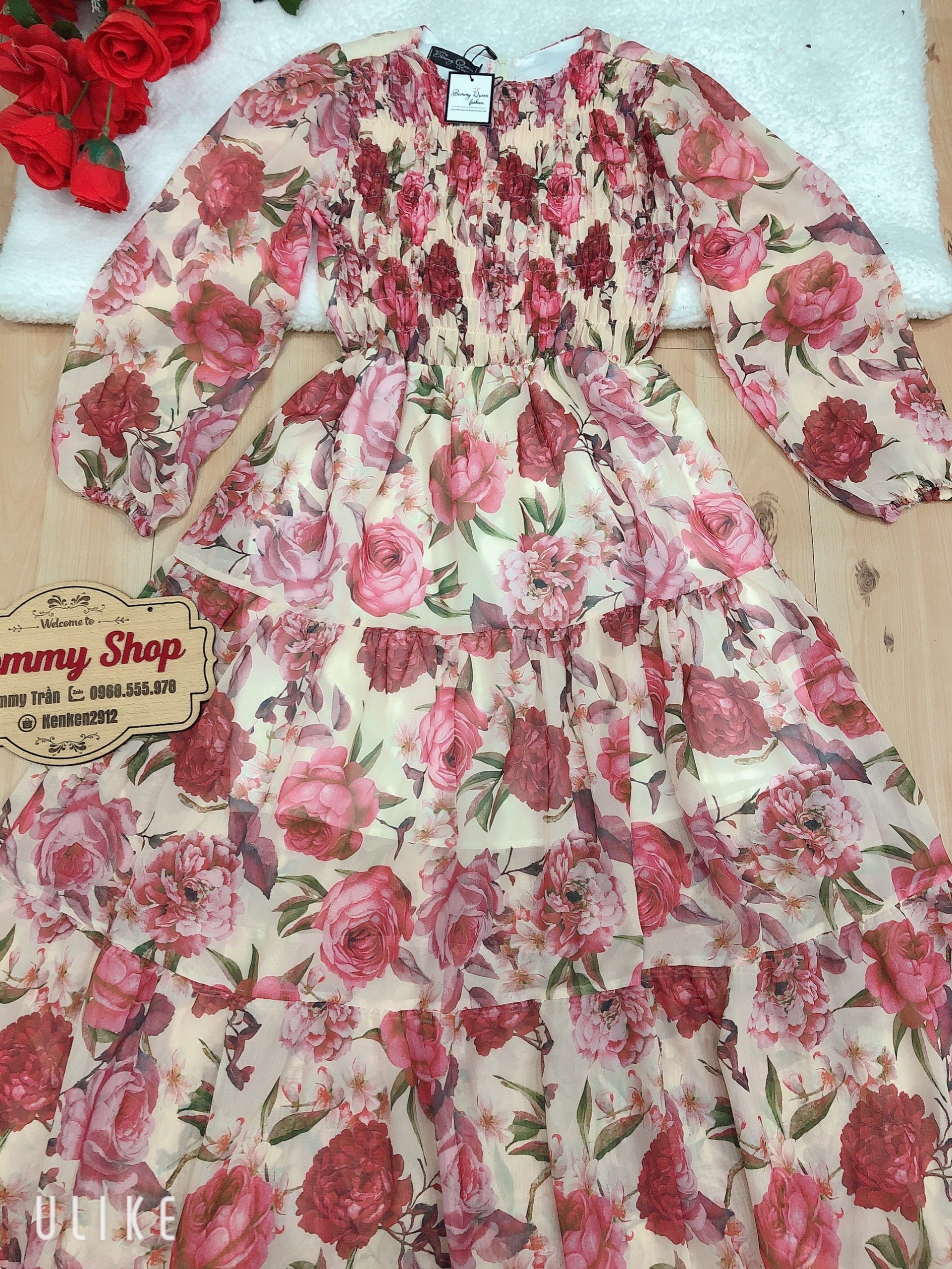 Đầm Maxi Hoa Xoè Xinh Xắn Hàng Thiết Kế Tay Dài Bo Phồng Tay