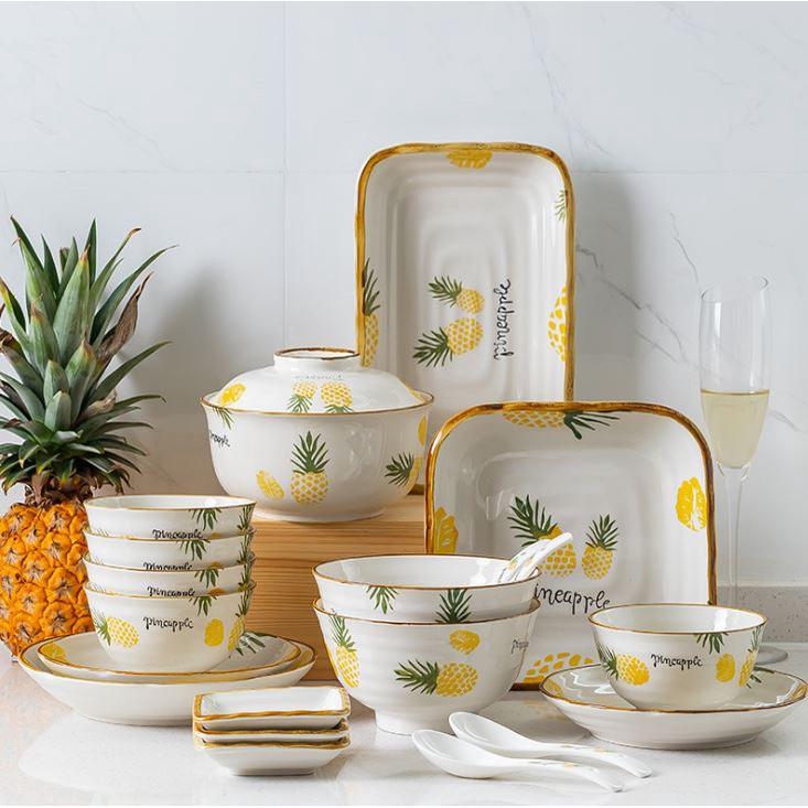 Bộ chén đĩa khay sứ cao cấp Dứa nhiệt đới Decor trang trí bàn ăn
