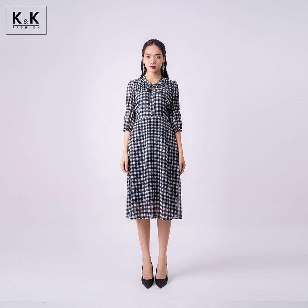 Đầm Xòe Tay Lỡ Họa Tiết Caro K&amp;K Fashion KK118-36 Chất Liệu Voan Crepe