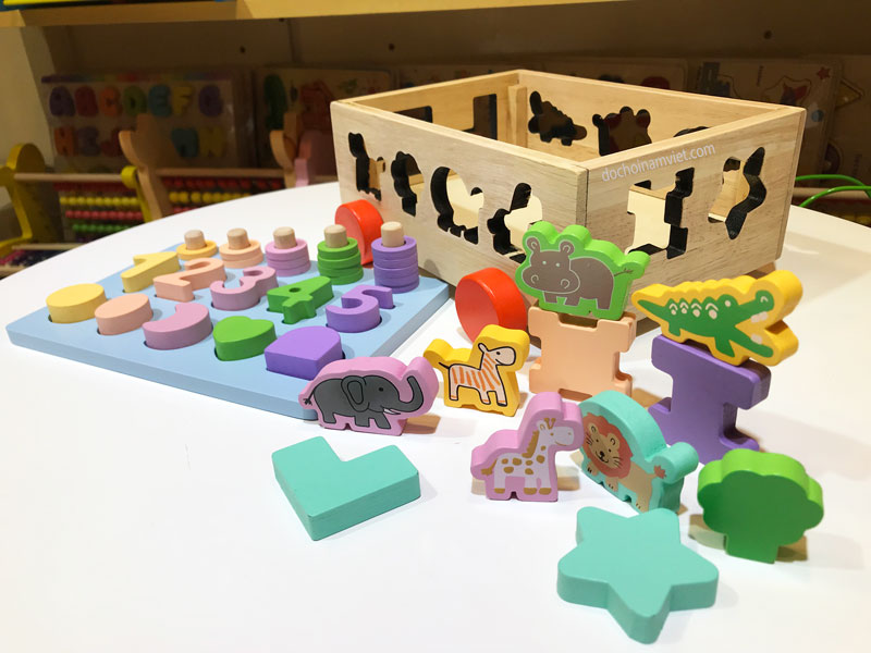 Xe kéo ô tô thả hình khối, con vật, học số và tập đếm xâu hạt đồ chơi gỗ