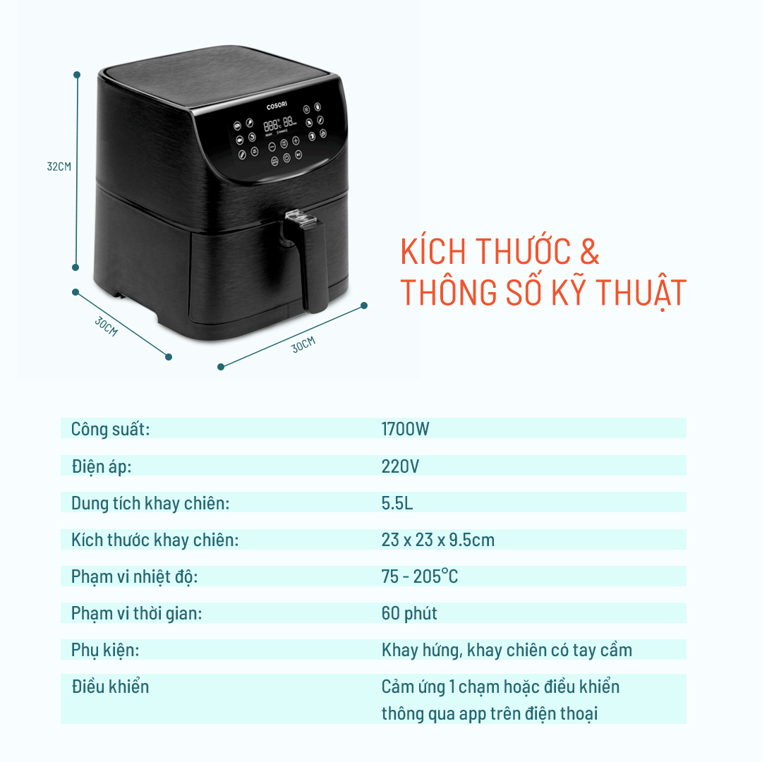 Nồi chiên không dầu Cosori (Air Fryer) CS158-AF 5.5 Lít kết nối Wifi - Hàng chính hãng