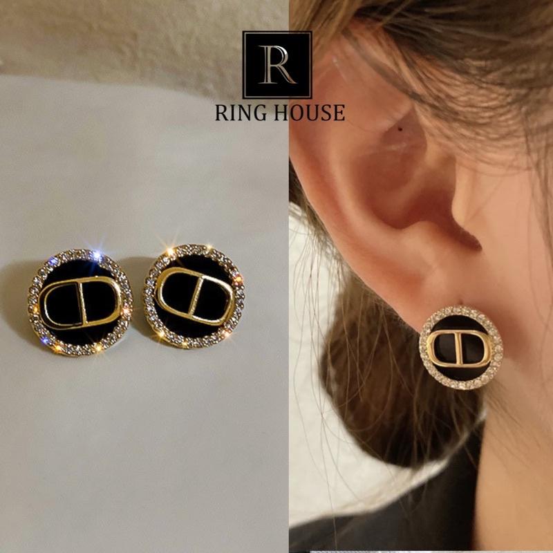 Khuyên tai bông tai nữ tròn đen viền ngọc sáng đẹp Ring House