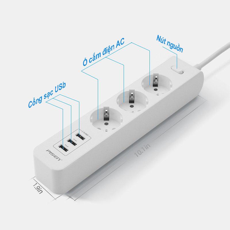 Ổ Cắm Điện Thông Minh 3 Ổ Cắm AC - Pisen 303-EP - Màu Đen