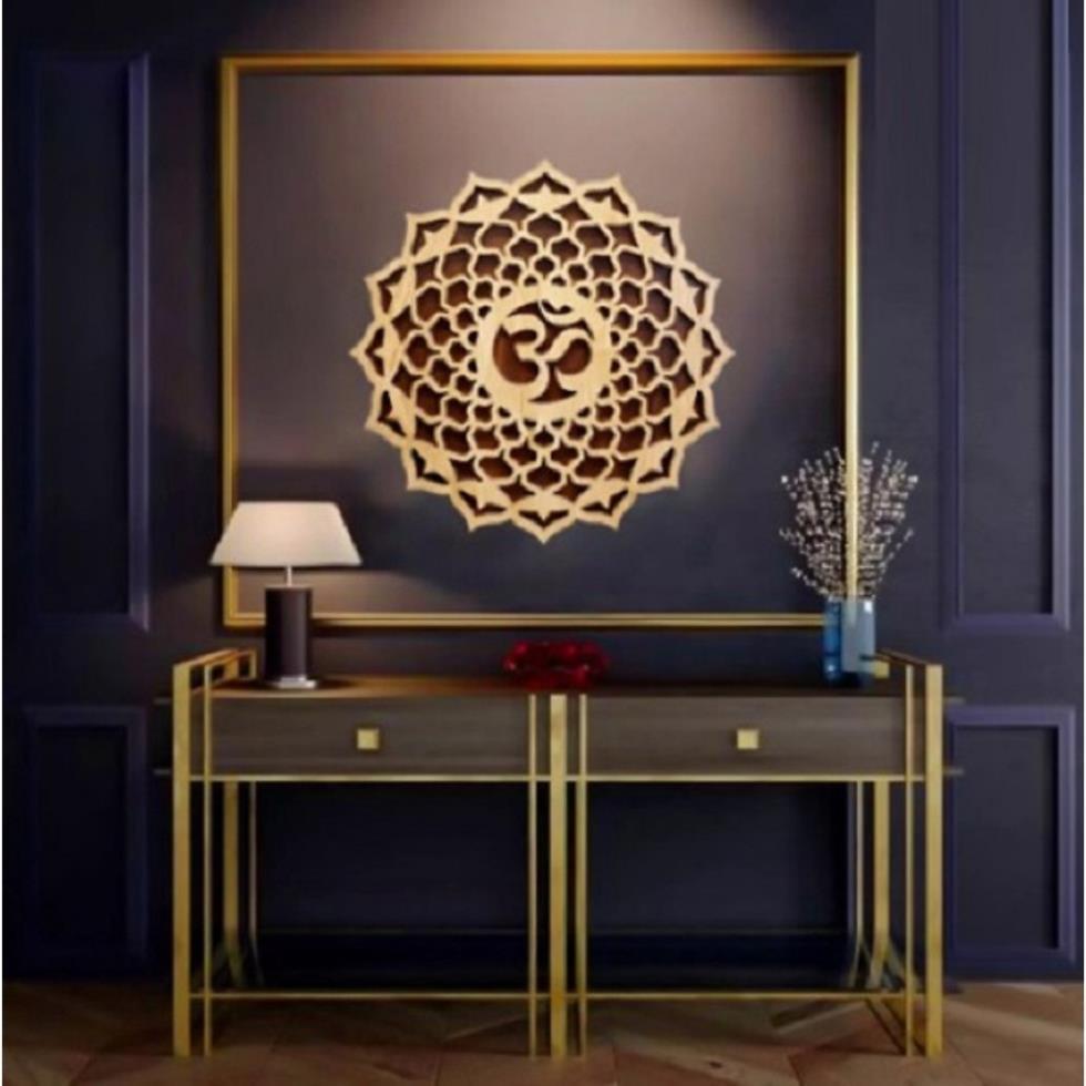 Tranh Gỗ Decor Hoa Mandala Chữ Om Treo Tường Phòng Thiền , Yoga ĐK40cm