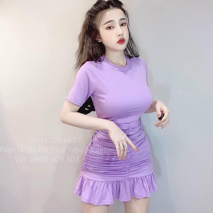 Đầm body tay ngắn cổ tròn viền bèo đuôi cá