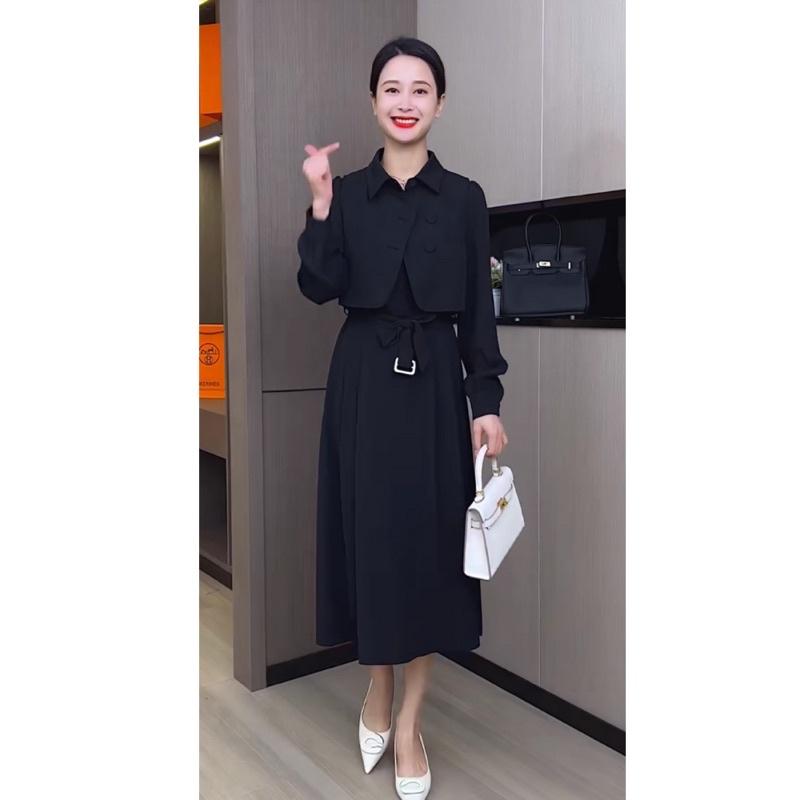 Set Đầm Váy Sơ Mi Bigsize Thiết Kế Tay Dài Với Áo Khoát Gile Dày Dặn, Lịch Sự