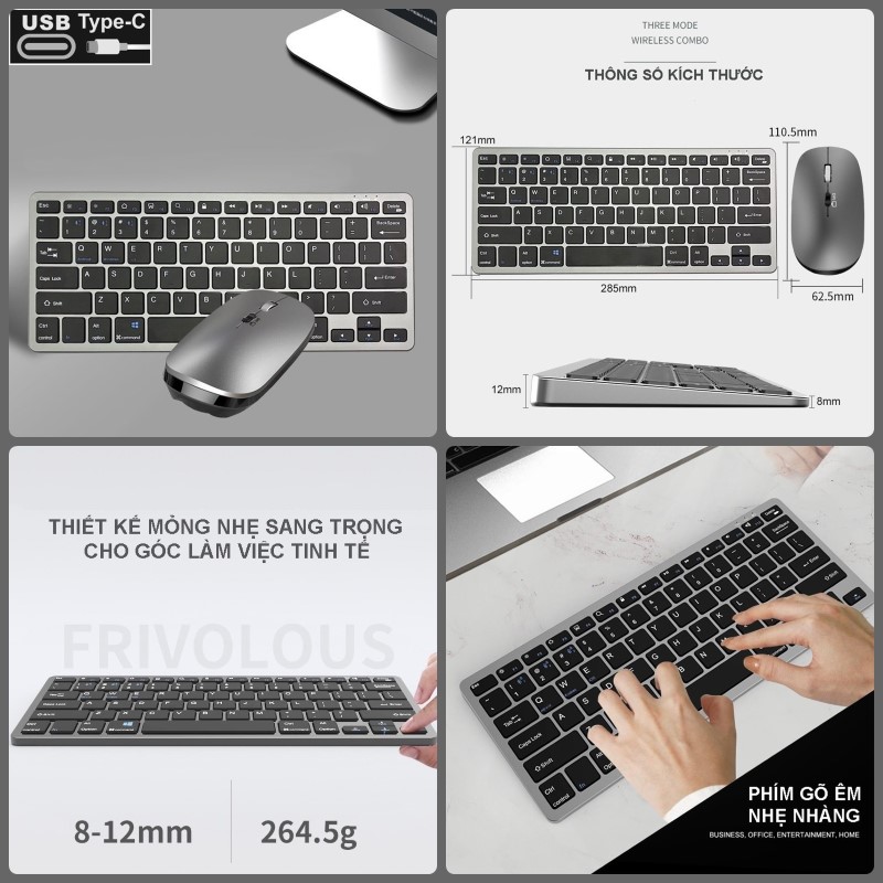 Bộ Bàn phím chuột không dây mini W616C - pin sạc TypeC- đa kết nối bluetooth 5.0 + 3.0 + Usb wireless 2.4G