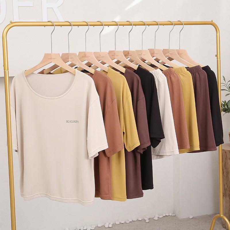 bộ đồ ngủ mùa hè cotton Hàn Quốc quần short ngắn tay cổ tròn