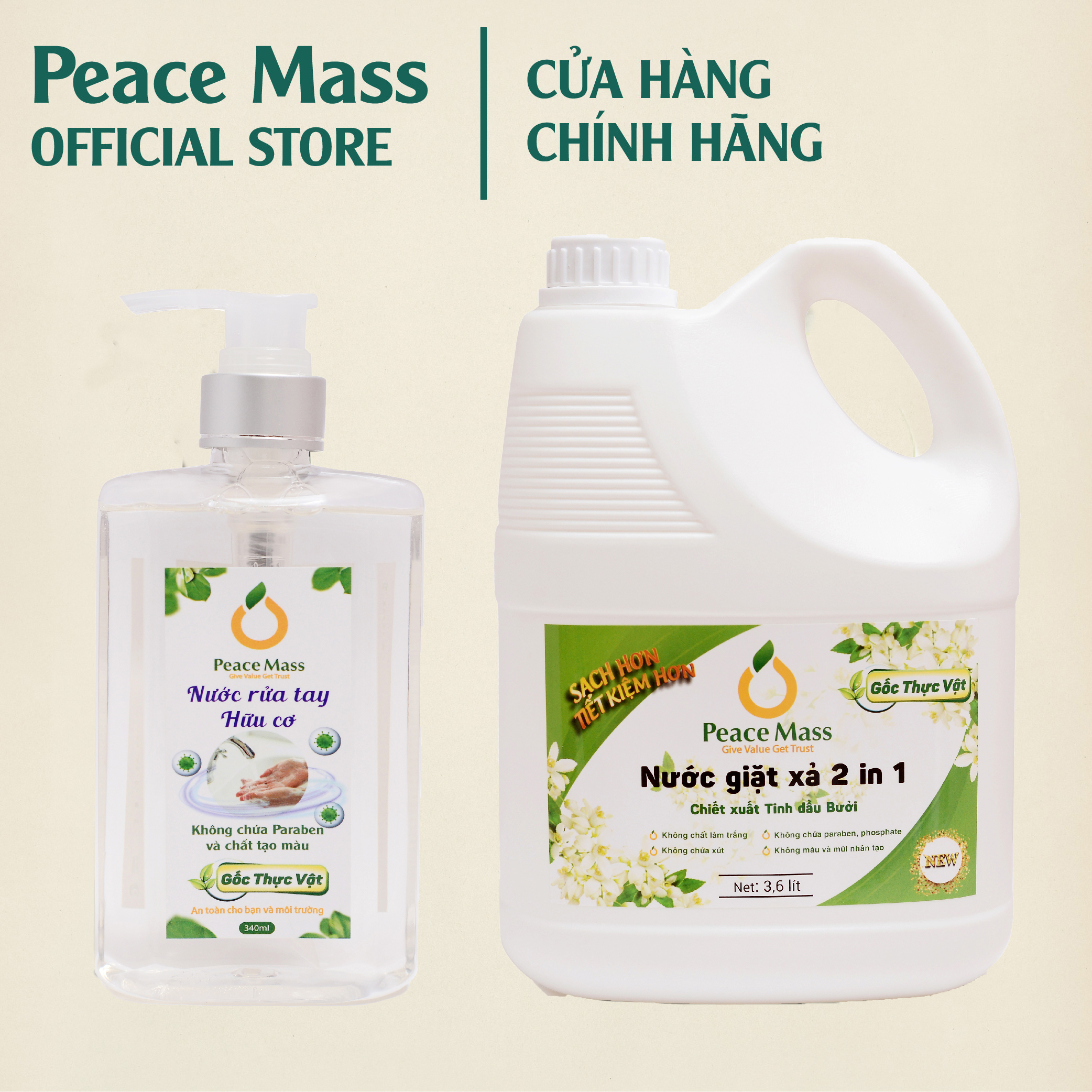 Hình ảnh Combo Sản Phẩm Gốc Thực Vật NGB2 Peace Mass Nước Giặt Xả 2 in 1 3.6 lít + Nước Rửa Tay 340ml (Thuộc nhóm Sản phẩm Lành tính / Hữu cơ)