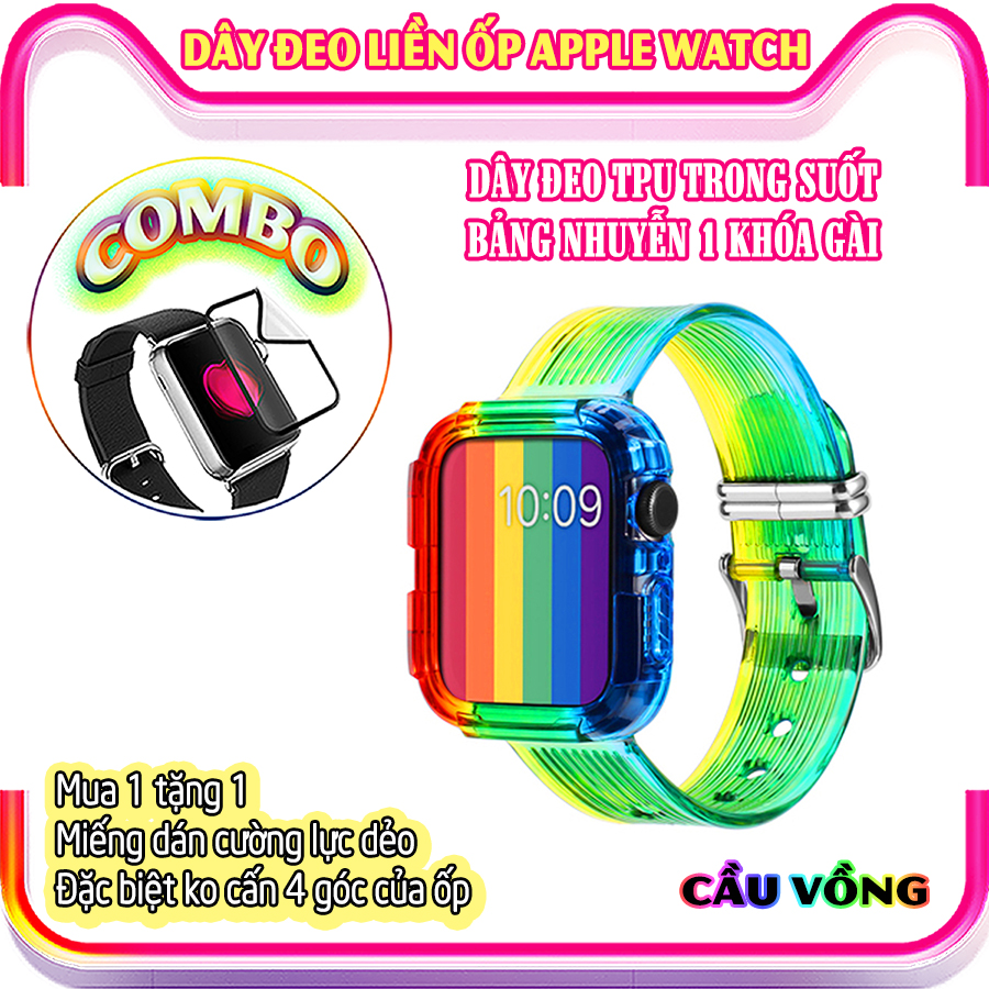 Dây Đeo liền ốp dành cho Apple Watch 7/6/5/4/3/2/1 size 38/40/41/42/44/45mm TPU trong suốt bản nhuyễn 1 khóa gài - Cầu Vồng
