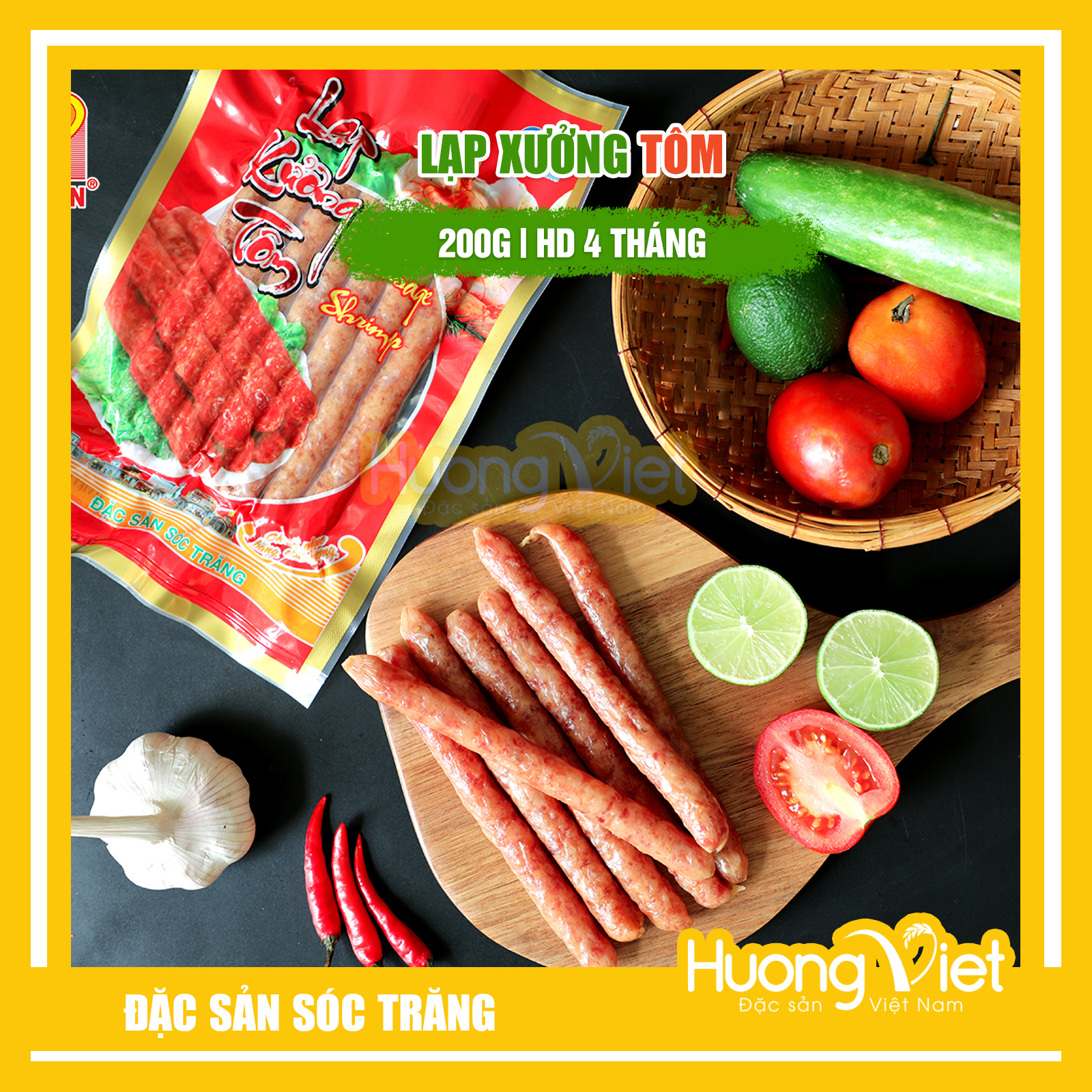 Đặc Sản Sóc Trăng - Lạp Xưởng Tôm Sóc Trăng Tân Huê Viên Cao Cấp 200G, Lạp Xưởng Mai Quế Lộ Làm Từ Thịt Tôm Tươi Vị Cay Nhẹ Hút Chân Không