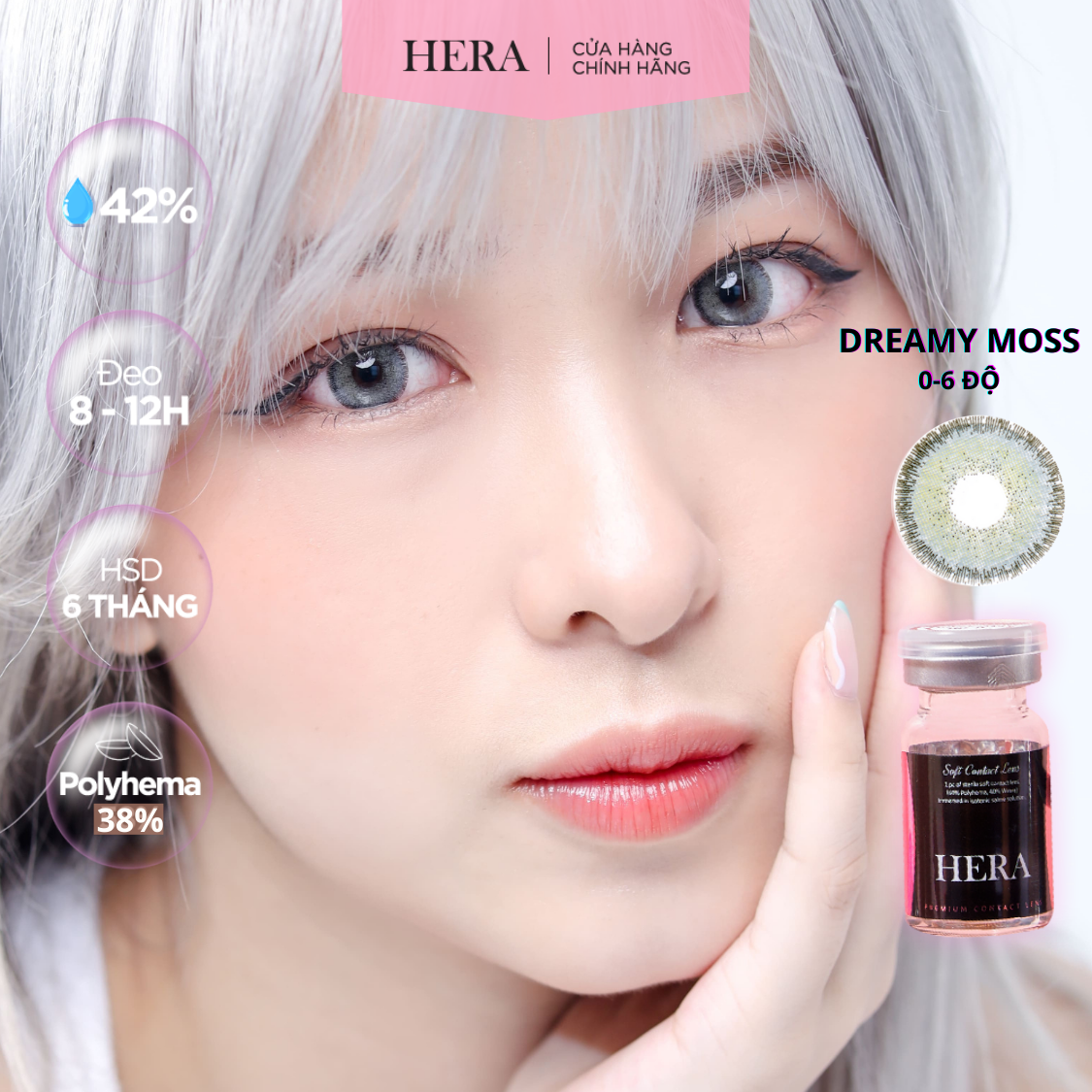 Kính Áp Tròng Hera Xám Xanh Rêu Có Viền  0 - 6 Độ DREAMY MOSS Nhập Khẩu Hàn Quốc Lens Cận 6 Tháng