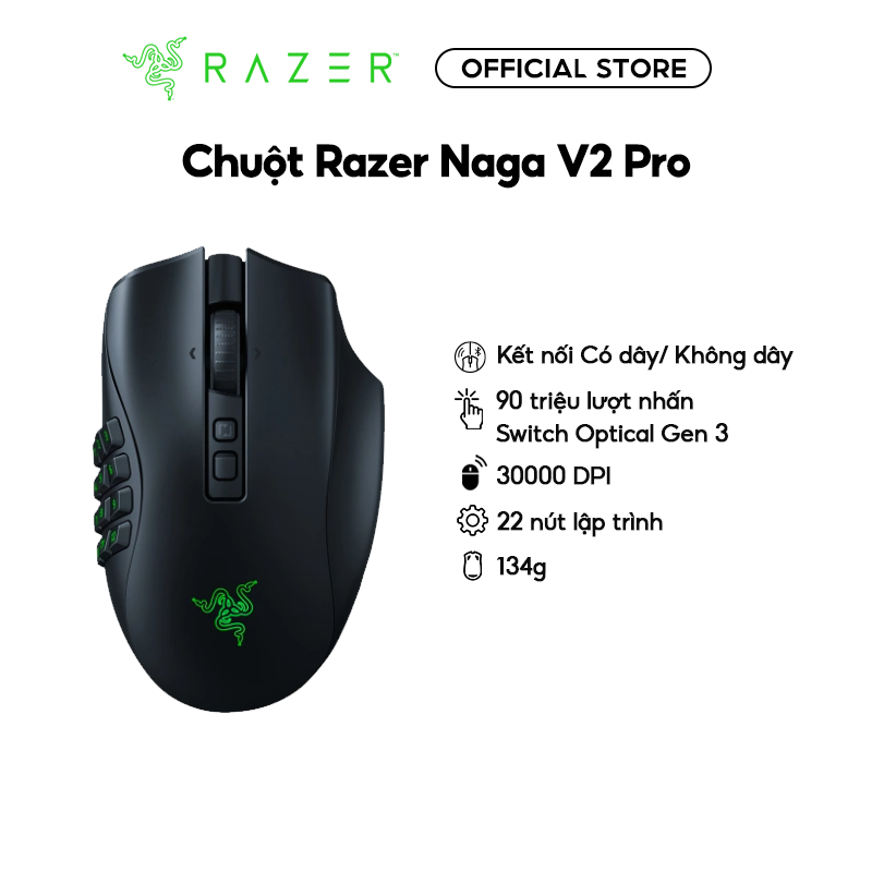 Chuột Gaming không dây Razer Naga V2 Pro | Không dây | 90 Triệu lần nhấn | 30000 DPI | 22 nút lập trình | 134g | Hàng Chính Hãng