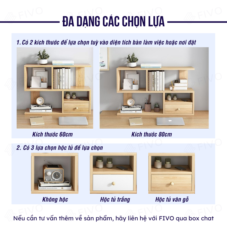 Kệ Giá Sách Gỗ Mini Để Bàn Hoặc Treo Tường FIVO Mẫu FB20, Lắp Ráp Dễ Dàng Gỗ MDF Phủ Melamine Chống Thấm Bề Mặt