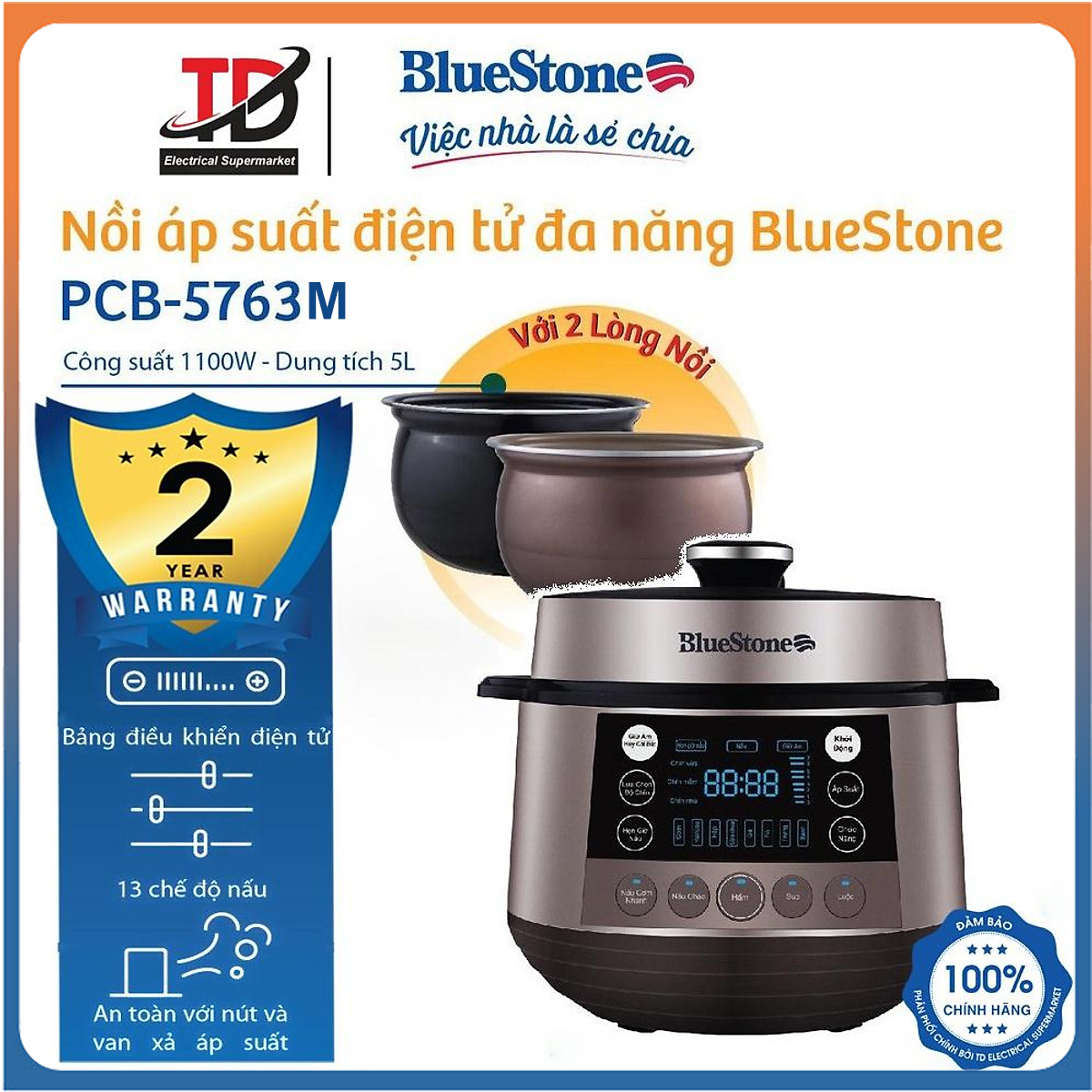 Nồi Áp Suất Điện Bluestone PCB-5763M, 1100W - 5 Lít, Hàng chính hãng