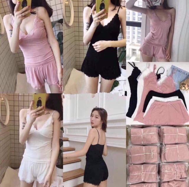 Bộ đồ ngủ 2 dây viền ren chất gân tăm mềm mát