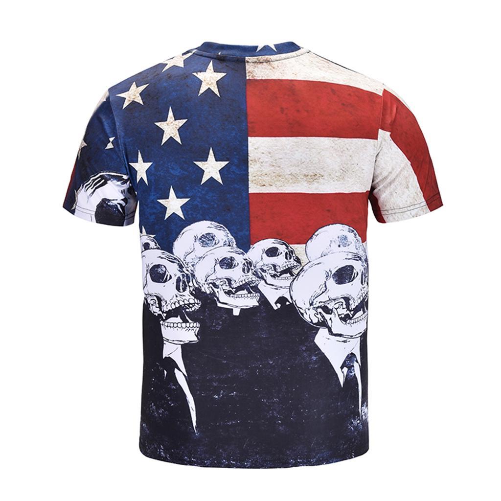 Fashion Men’s Fun T-shirts American Flag Holiday Fancy Dress Round Neck 3D Skull Head Print Tee M - 3XL