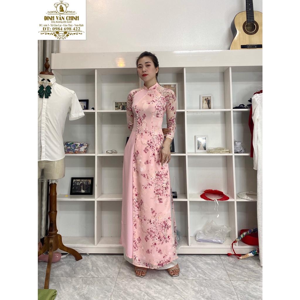 Áo dài lụa Mỹ phối voan hoa nhí đủ tông màu