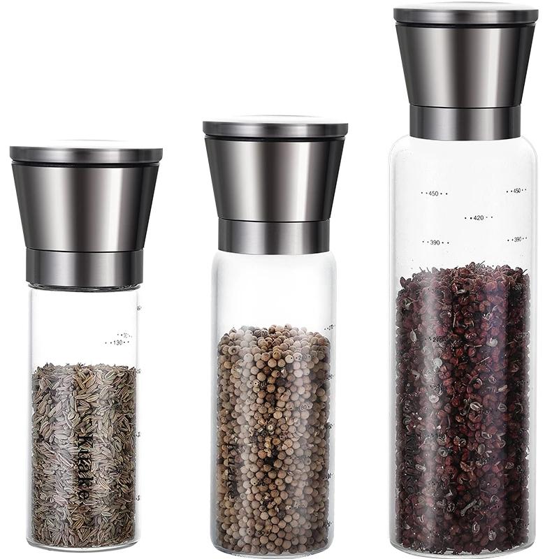 Nhà Máy Hạt Tiêu Gia Vị Jar Gia Vị Mài Chai Muối Và Hạt Tiêu Đen Xay Shakers Kính Thép Không Gỉ Nhà Bếp Canister Set