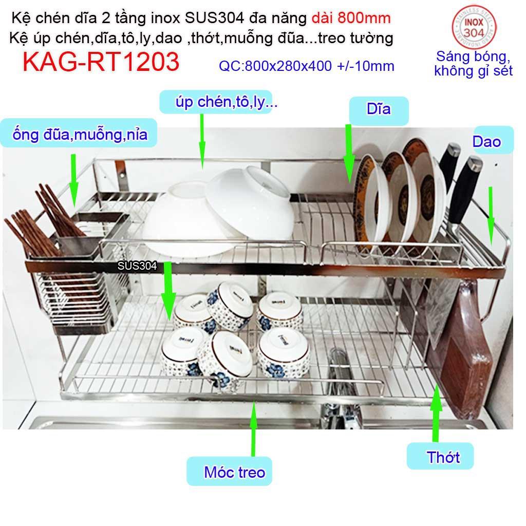 Kệ úp chén dĩa 2 tầng 80cm đa năng inox 304, kệ chén dĩa 2 tầng inox KAG-RT1203