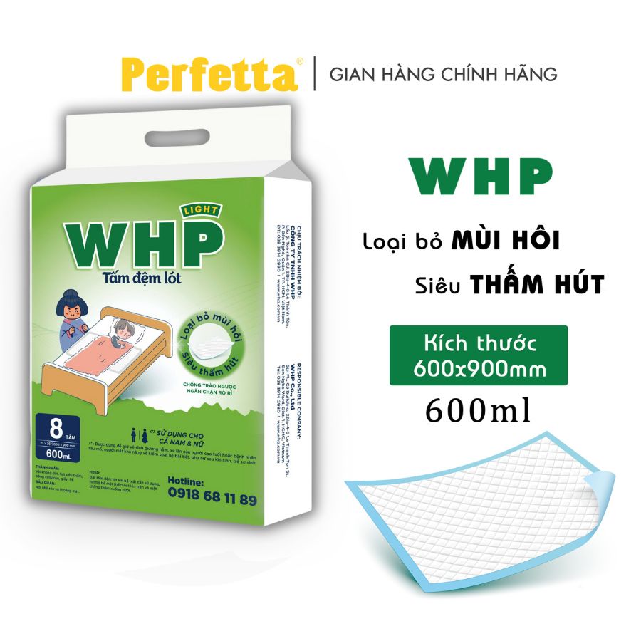 Tấm Đệm Lót WHP Underpad, Siêu Thấm Hút, Chống Trào Ngược, Khử Mùi Hiệu Quả Size 60x90 cm (20 miếng/túi)