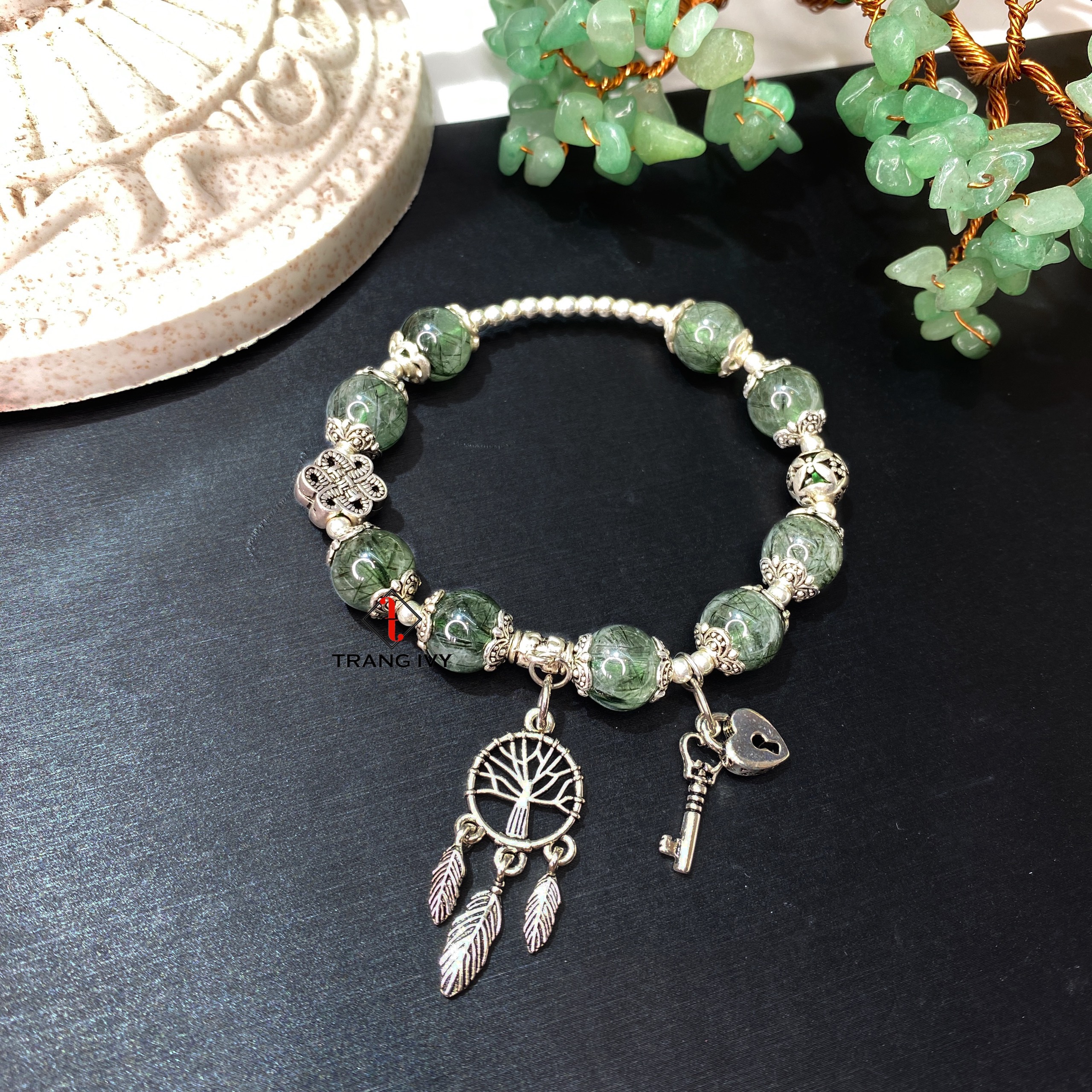 Vòng tay Thạch anh Tóc xanh mix Charm