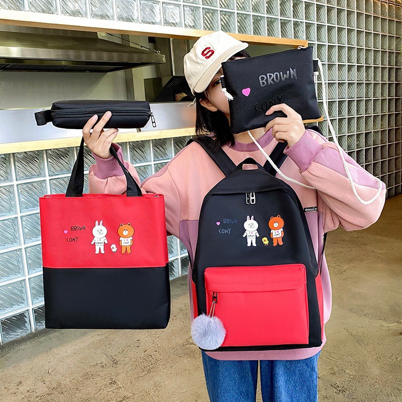 Set 4 Món Balo, Túi, Ví Thời Trang Thiết Kế Tiện Dụng Browm Cony Hai Chú Gấu Xinh Xinh 30*14*40 cm Full 4 Màu