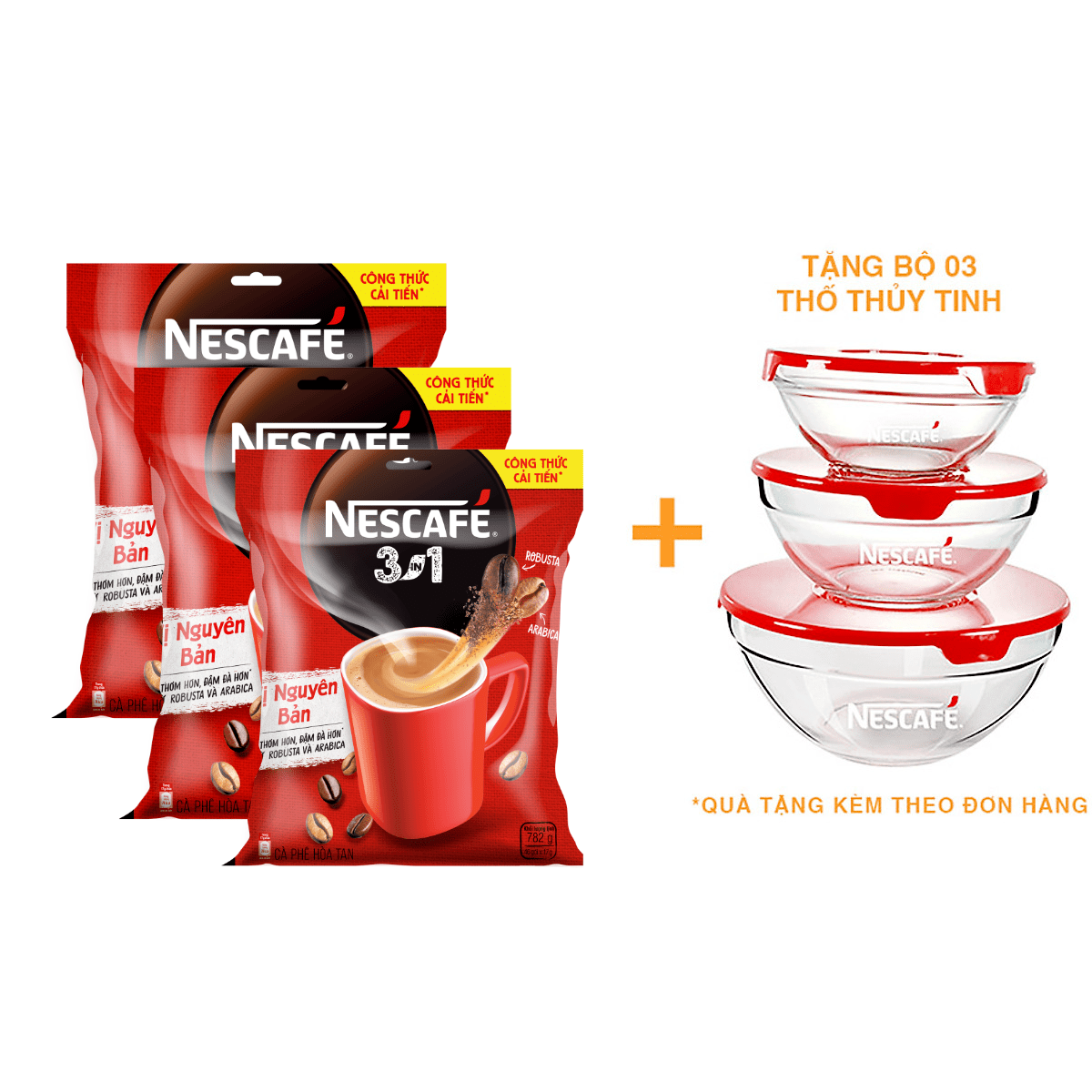 Combo 3 cà phê rang xay hòa tan Nescafé 3in1 Vị Nguyên Bản (Bịch 46 gói x 17g) [Tặng bộ 3 thố thuỷ tinh Nescafé]