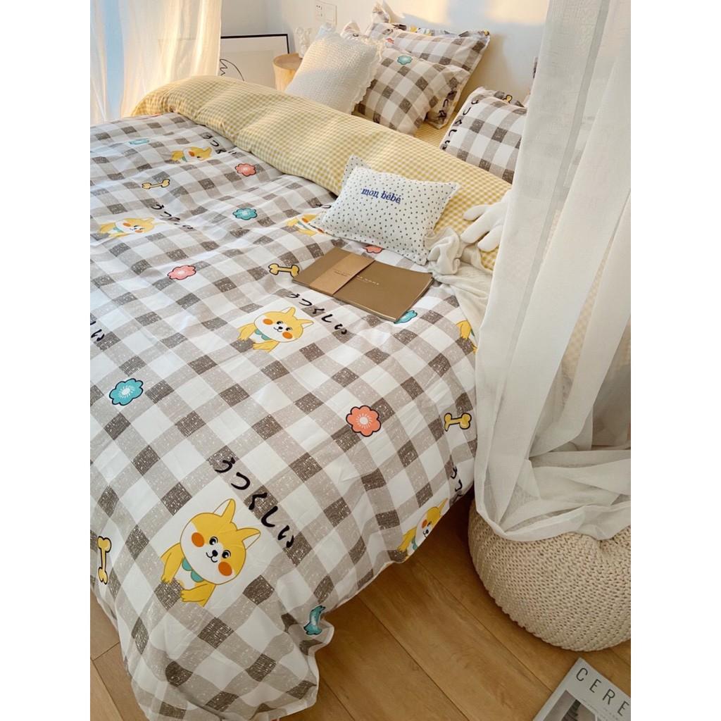 Bộ chăn ga gối Cotton poly M2T bedding Cún caro, vỏ chăn mền, drap nệm và 2 vỏ gối