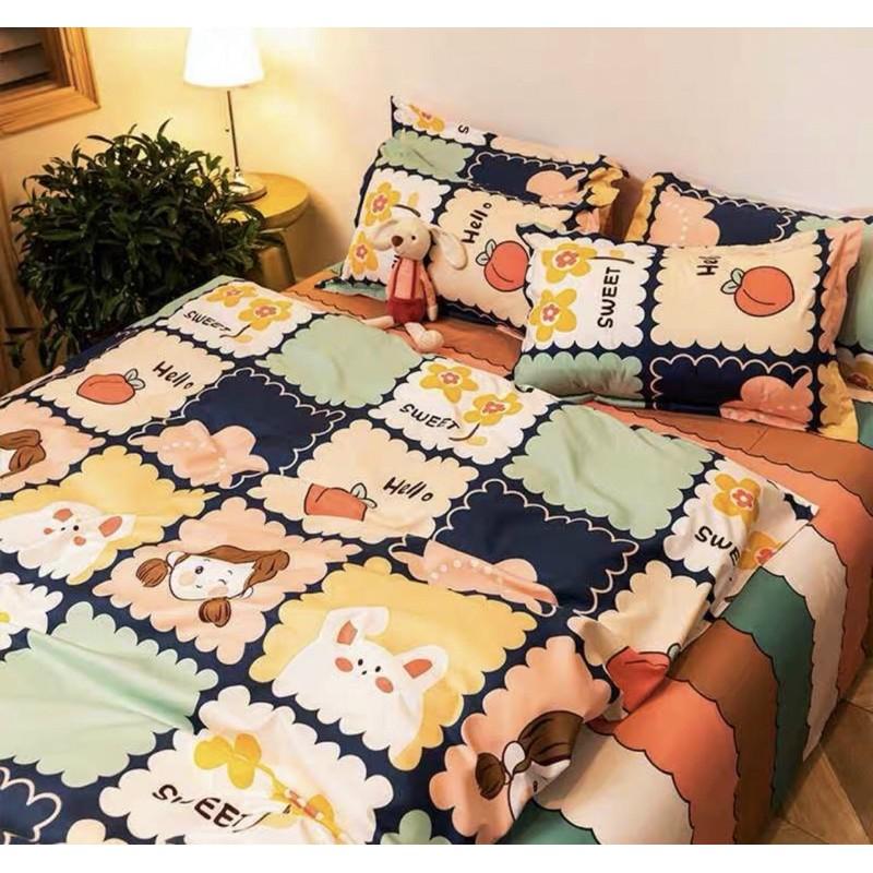 Bộ chăn ga gối Cotton poly M2T bedding Cô bé thỏ trắng, vỏ chăn mền, drap nệm và 2 vỏ gối