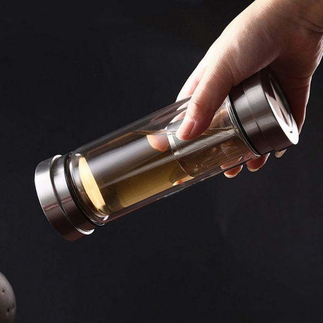 Bình lọc pha tra giữ nhiệt 300ml thủy tinh 2 lớp 2 đầu bằng inox304