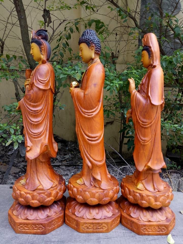 Bộ tượng phật tam thánh bằng gỗ hương đá tô làm mầu giả cổ kt cao 40×12×12cm