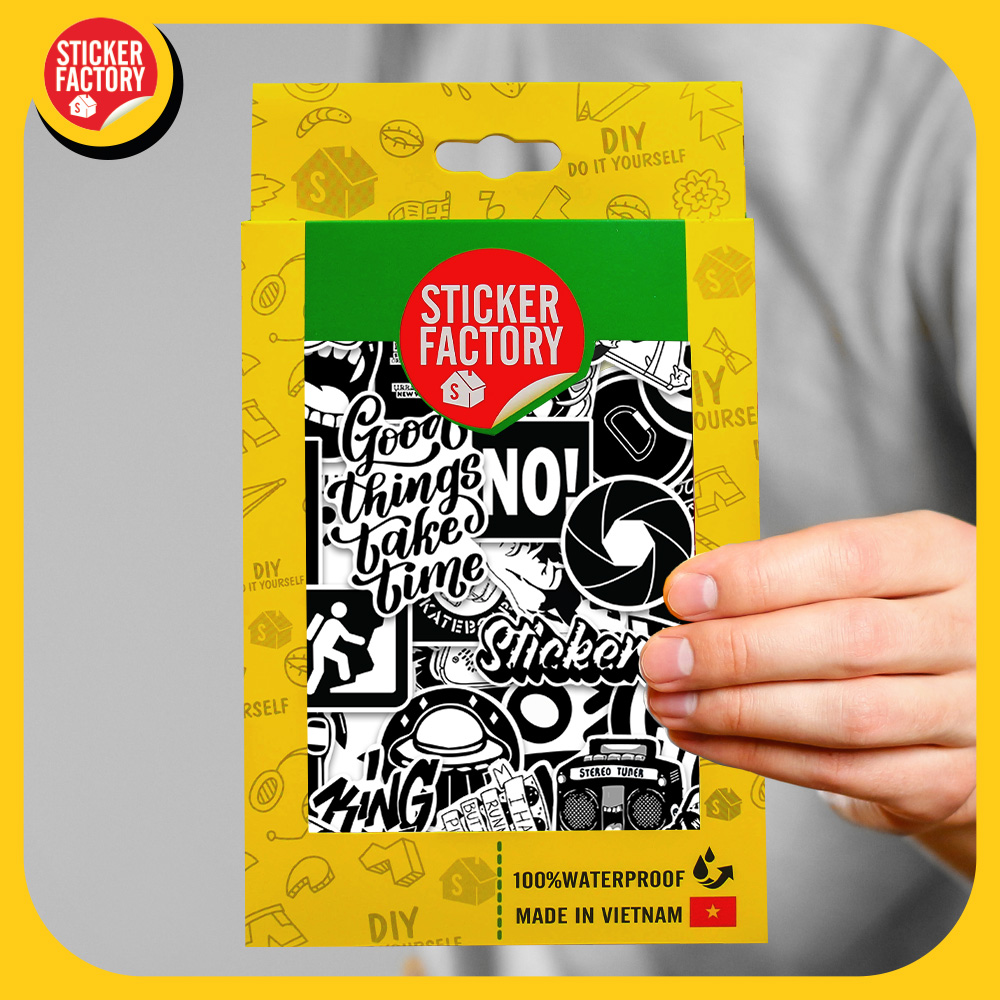 Black White - Set 100 sticker decal hình dán nón bảo hiểm, laptop, xe máy, ô tô - STICKER FACTORY