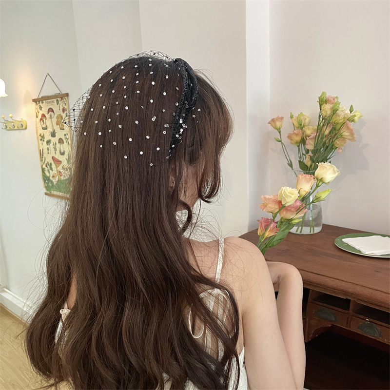 Băng đô tóc lưới đen kết hợp nơ, cài tóc đính đá, phụ kiện đi tiệc sang chảnh, cài tóc nữ phụ kiện chụp ảnh