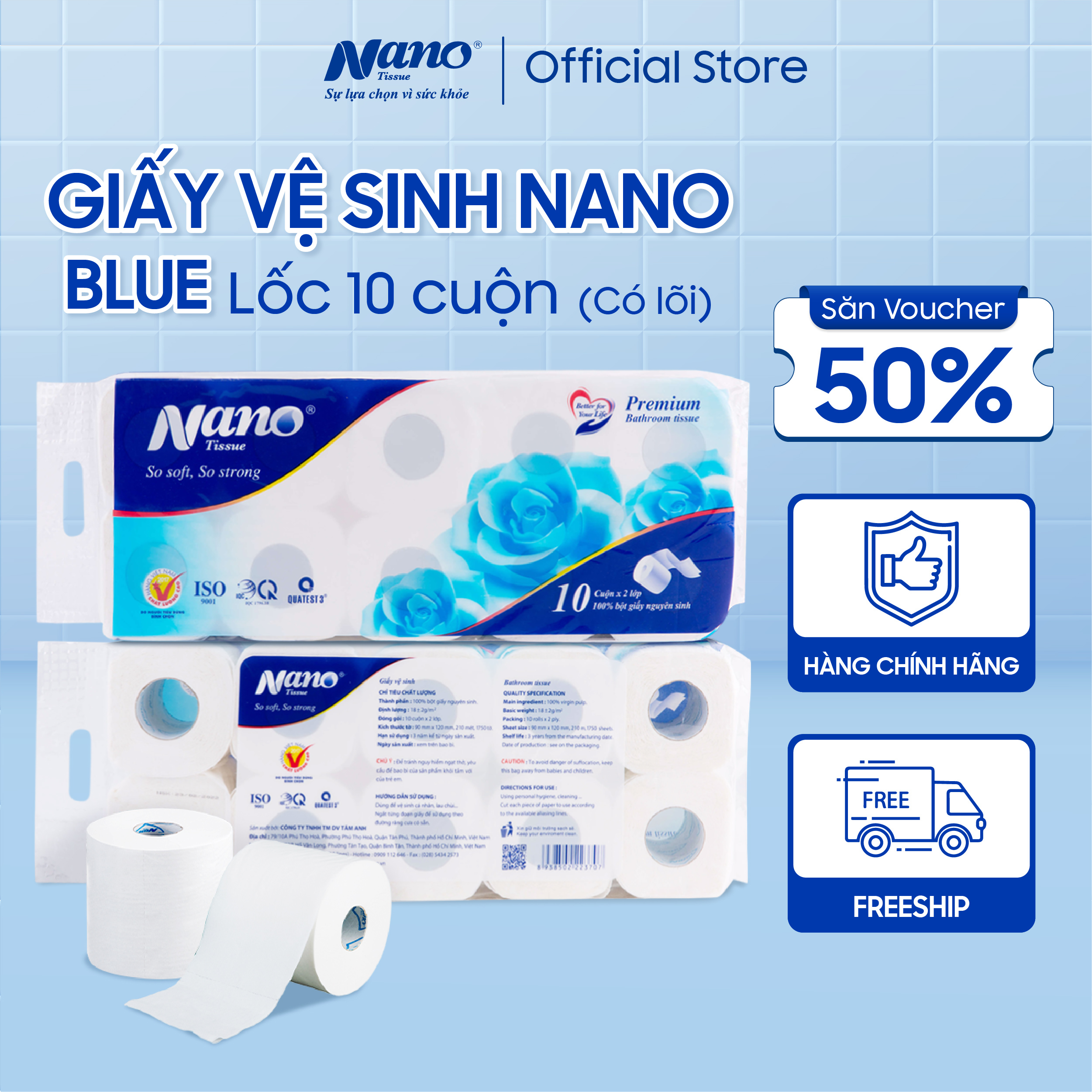 Giấy vệ sinh Blue 10 cuộn có lõi, thương hiệu Nano giấy 2 lớp an toàn cho người dùng