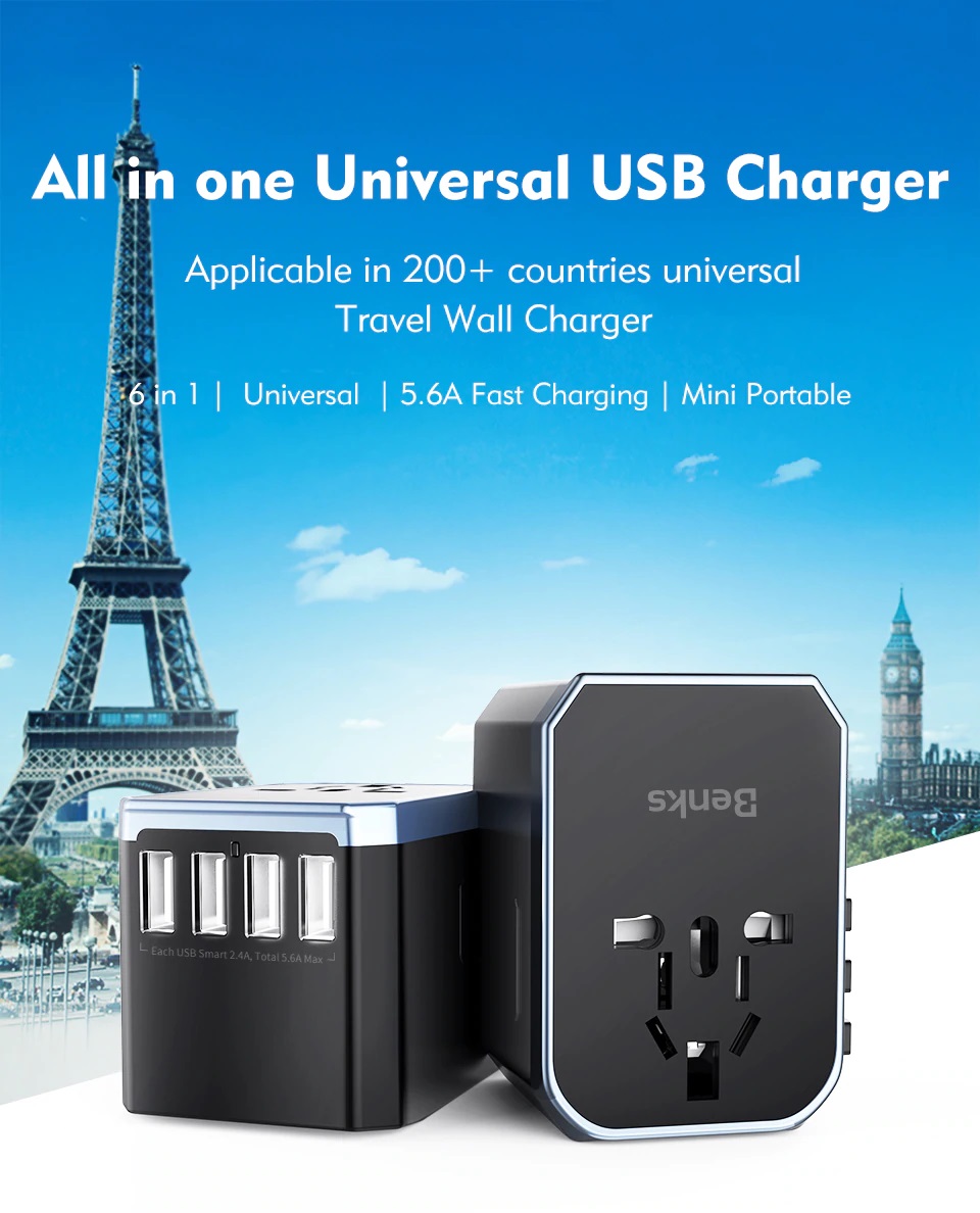 Bộ sạc du lịch đa năng Universal Travel Adapter Benks A29 (USB UK/ EU/ AU/ US) - Hàng chính hãng
