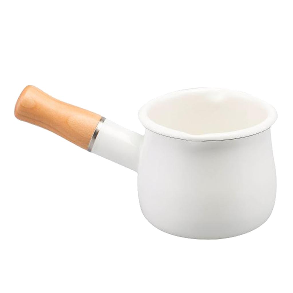 550ml Small Enamel Milk Cooking Sauce Pan Pot Wooden Handle Cookware White