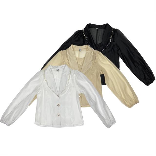 Sơmi cổ vest đính ngọc cao cấp hottrend hàn quốc
