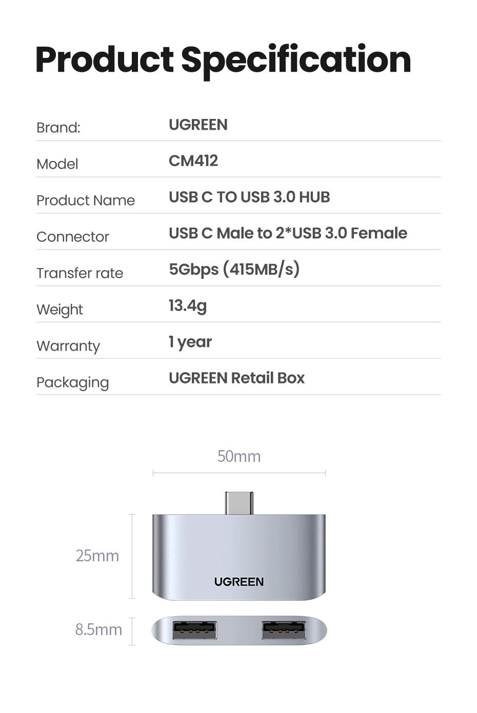 Đầu chuyển đổi USB type C sang 2 cổng USB3.0 hãng UGREEN CM412 10912 - Hàng chính hãng