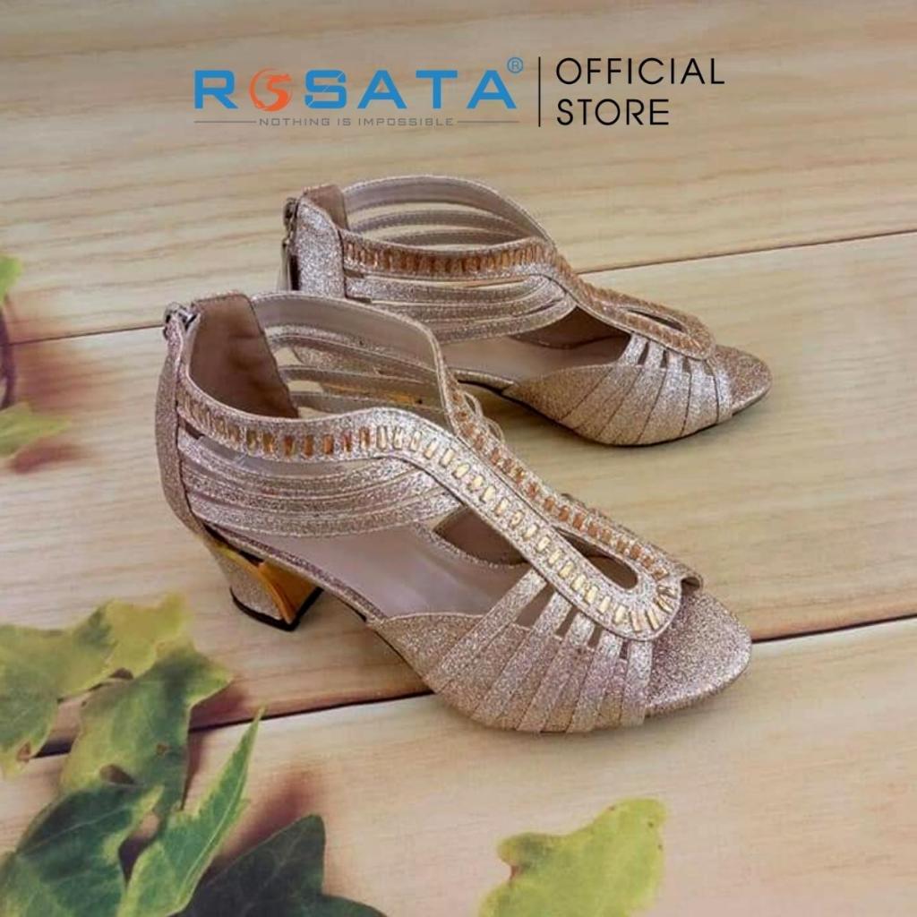 Giày sandal cao gót nữ ROSATA RO172 mũi tròn xỏ ngón phối dây kim tuyến quai kéo gót vuông cao 5cm xuất xứ Việt Nam - Gold