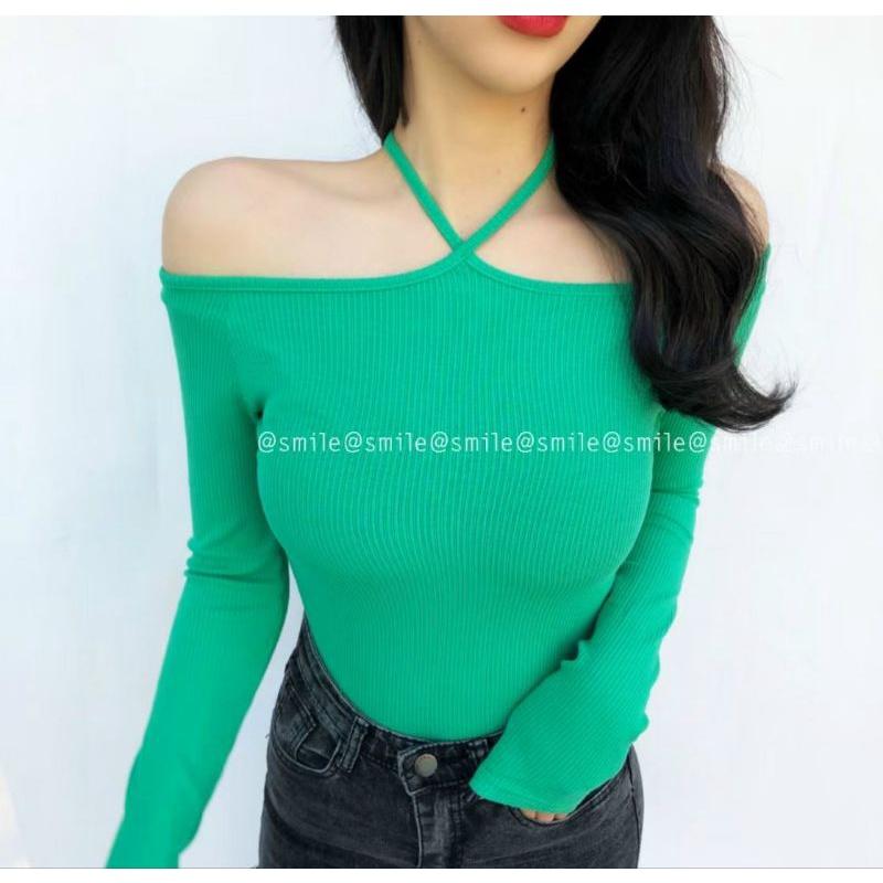 Áo hở vai dài tay cổ choker chất thun tăm đẹp