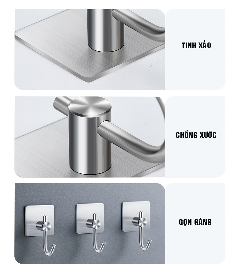 Combo 4 móc treo loại D, Inox 304, SUS304 dùng miếng dính dán tường không cần khoan, xắp xếp treo đồ đạc gọn gàng, tiết kiệm không gian, đồ dùng gia đình, bếp, phòng khách Dan House 311-D4