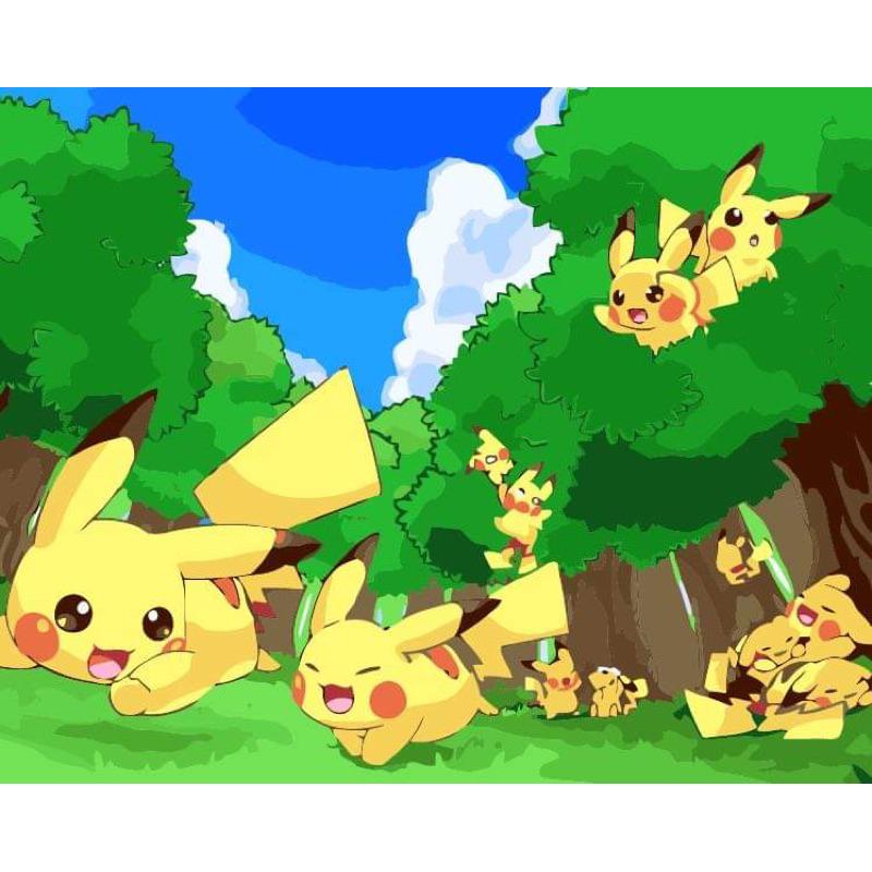 Tranh tô màu theo số Tranh sơn dầu số hoá hình pikachu size 30*40 kèm khung