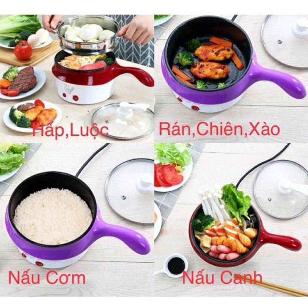 Nồi Lẩu Điện Mini Hai Tầng Tay Cán Dài Đa Năng Tặng Kèm Khay Hấp Có Thể Chiên, Xào, Nấu Ăn, Nấu Cơm