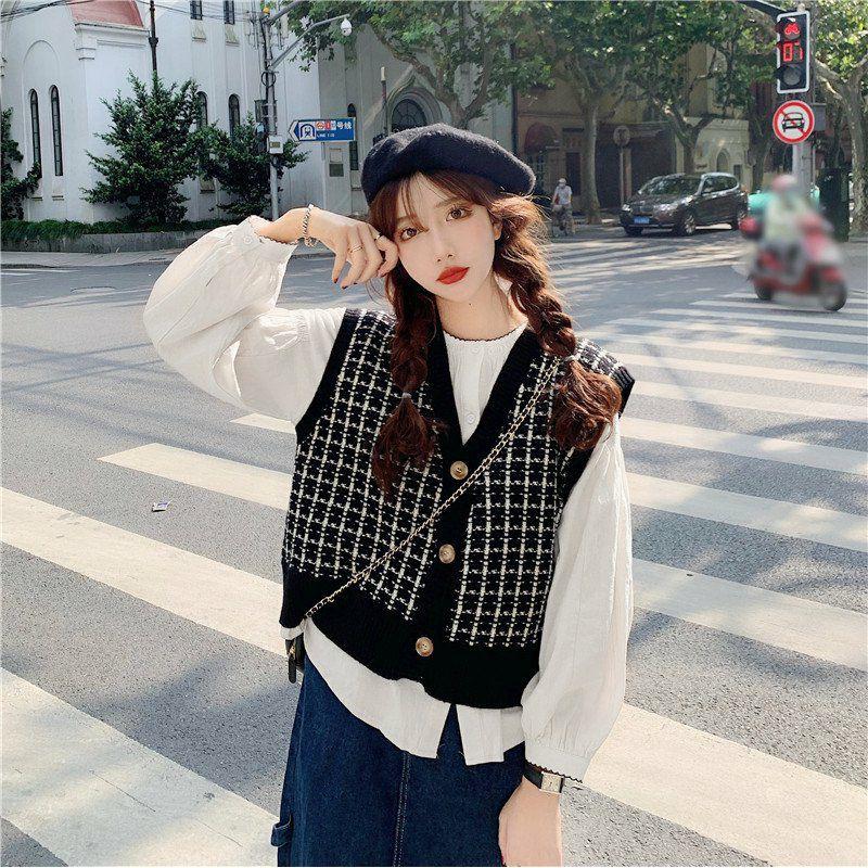 Áo gile cardigan đa năng mix sọc retro phong cách Vintage