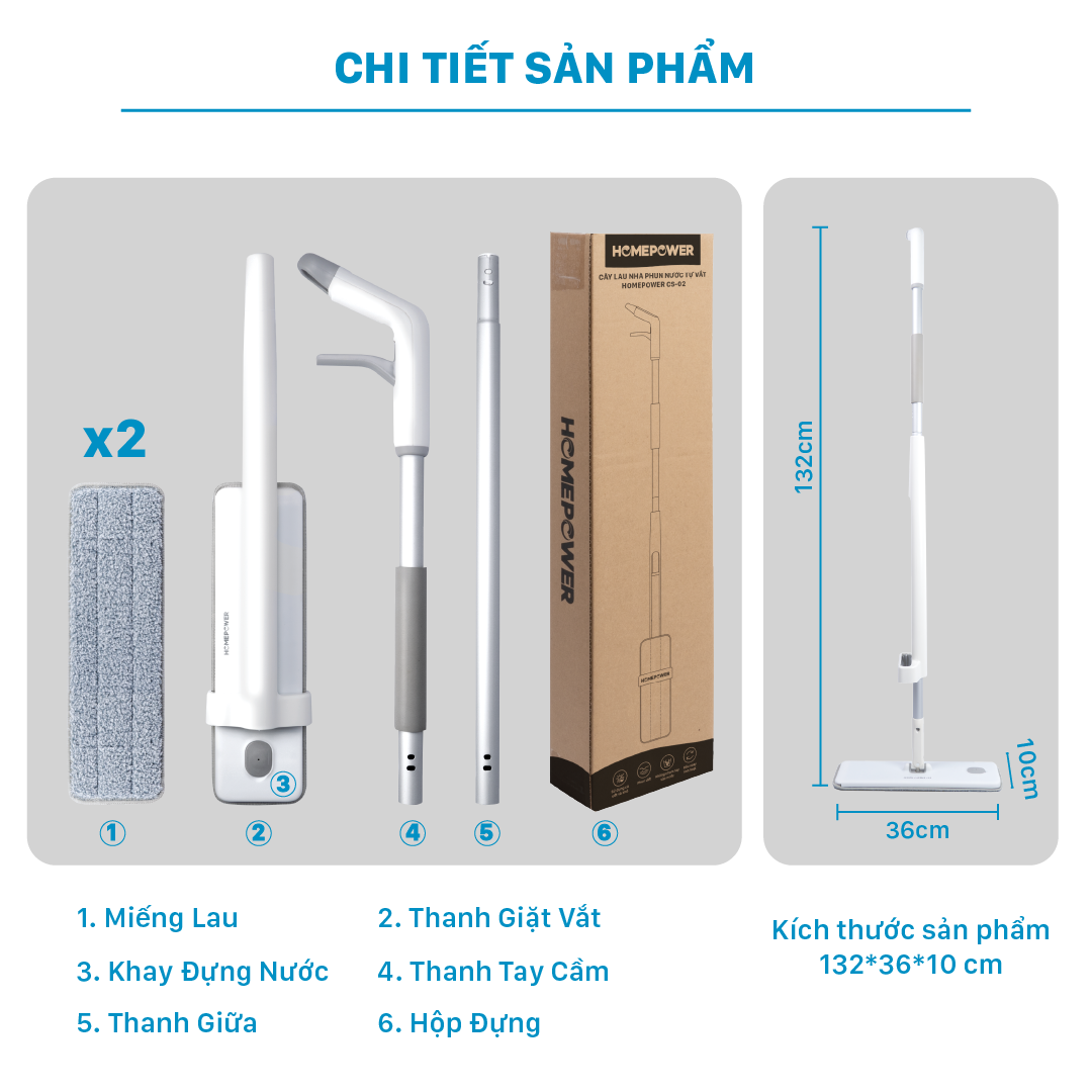 Cây lau nhà Phun nước + Tự vắt 2 trong 1 HOMEPOWER CS-02, Chất liệu nhôm cao cấp, thiết kế sang trọng hiện đại