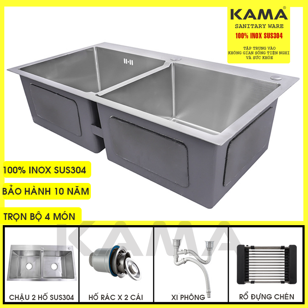 Chậu Rửa Chén Inox 304 Chính Hãng KAMA, Chậu Rửa Chén Bát Hai Hố Cân Kích Thước 8245, 7843 chuẩn inox 304, đúc dày dặn