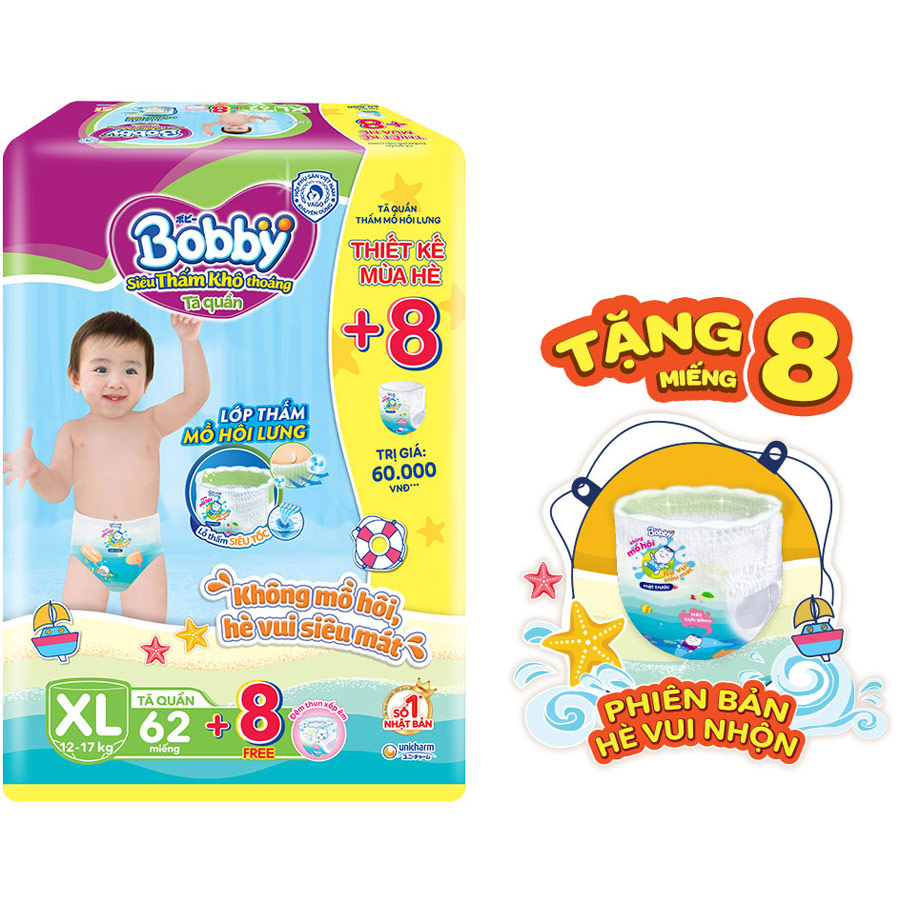 Tã Quần Bobby Đệm Lưng Thấm Mồ Hôi XL62 (62 Miếng) - Tặng 8 Miếng Phiên Bản Hè Vui Nhộn